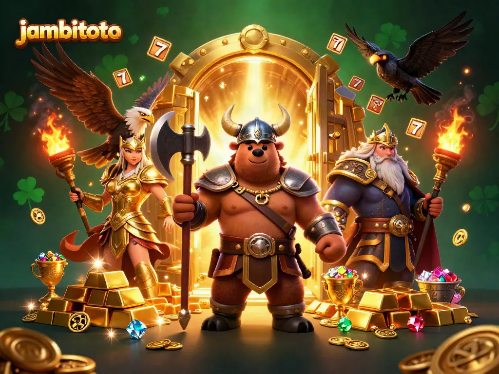 Experience jambitoto with a Viking bear and Valkyrie eagle amidst a dazzling casino treasure scene.