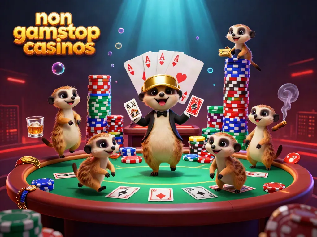 Engaging scene of non gamstop casinos with meerkats running a lively casino operation, poker chips and cards featured.