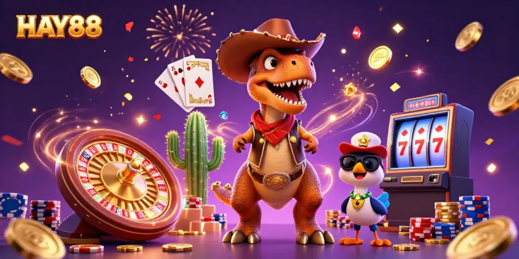 Experience thrilling gameplay at HAY88 with vibrant casino adventures featuring a T-Rex and friends.
