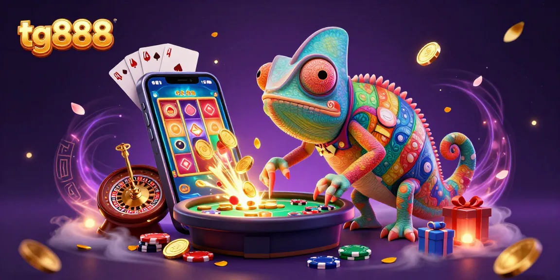 Experience thrilling gaming action with tg888's vibrant casino scene, featuring a colorful chameleon and slot games.