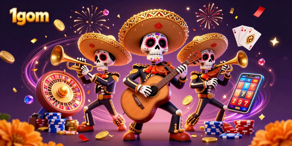 1gom showcases a vibrant Day of the Dead-themed casino illustration, featuring festival skeletons and classic gambling elements.