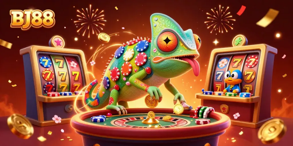 BJ88's vibrant casino scene features a chameleon owner and dynamic slot elements, celebrating thrilling gameplay.