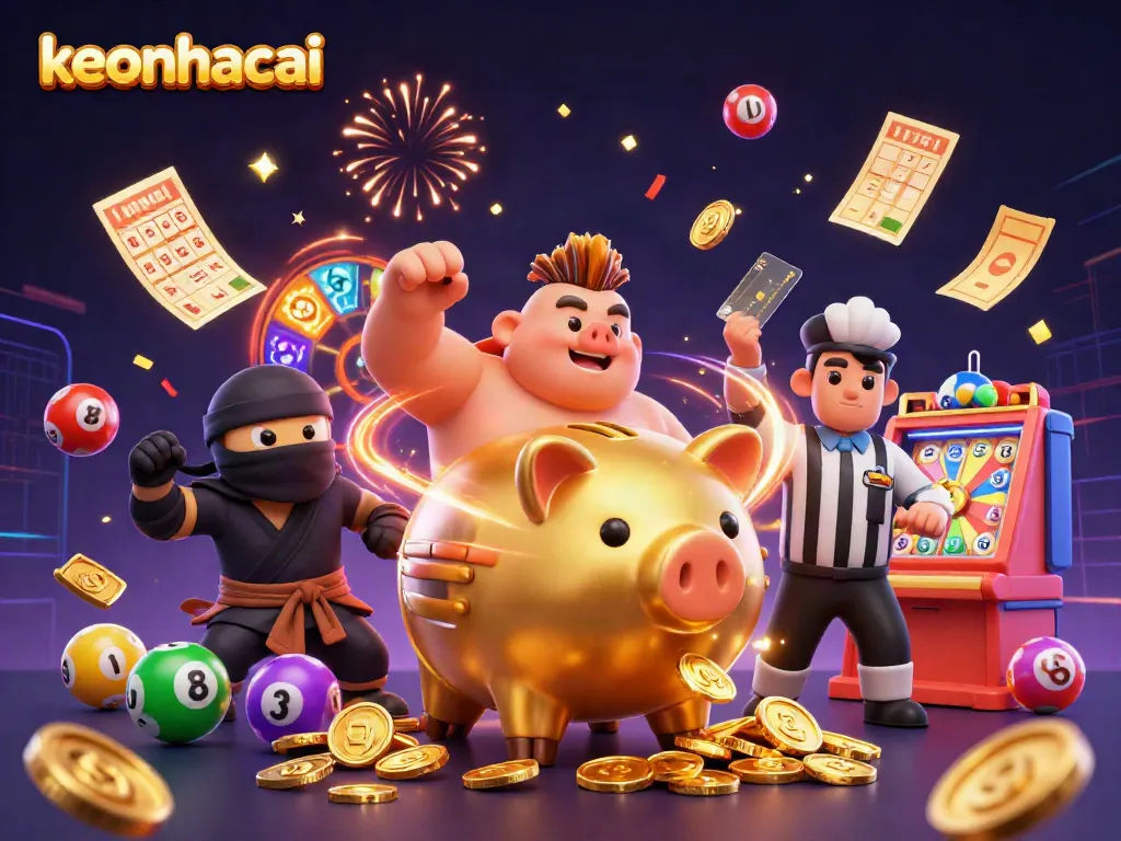 Experience the excitement of keonhacai as a vibrant animated scene unfolds with a sumo wrestler and ninja characters.