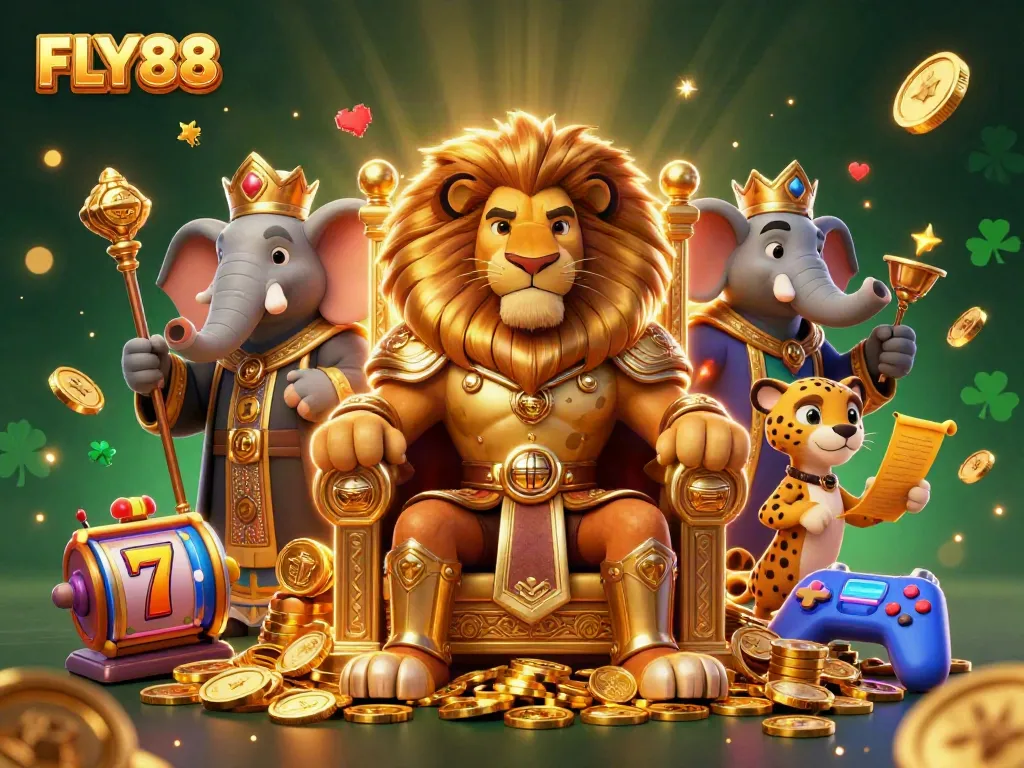 Experience FLY88's vibrant casino atmosphere with a lion king and dynamic gaming elements.
