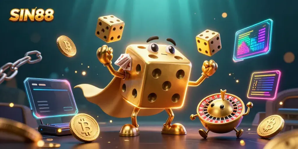 Experience the thrill of SIN88 with a golden dice golem and vibrant casino elements.