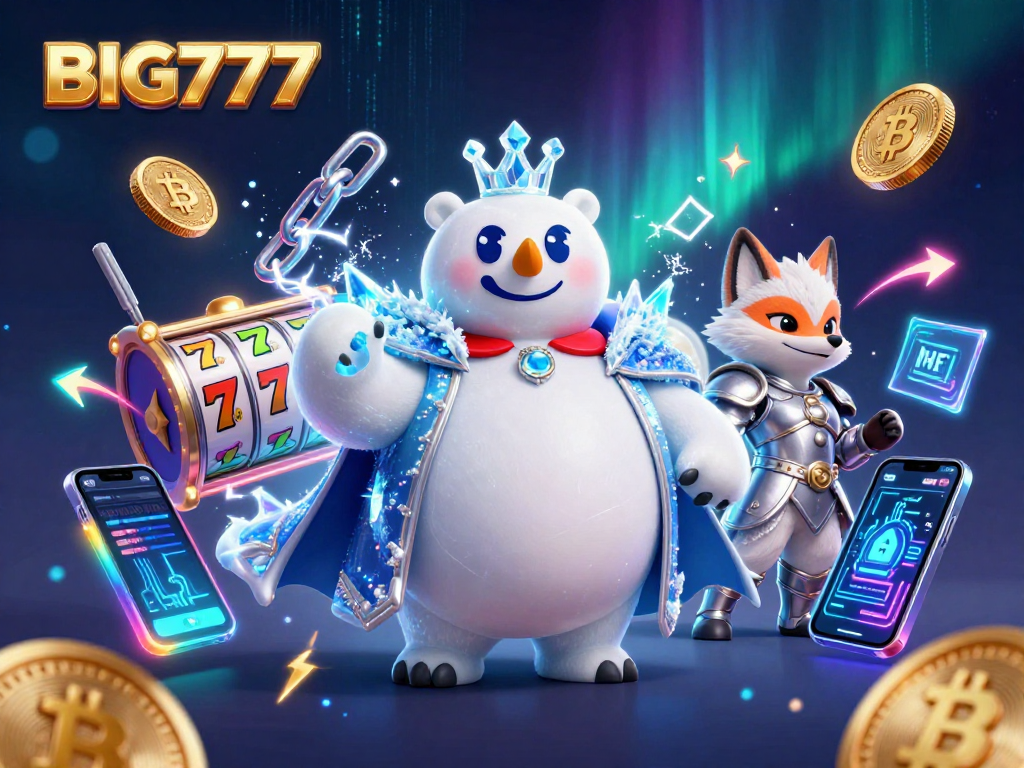 Engage with BIG777's immersive slot experience featuring a charming polar bear and fox amid neon crypto elements.