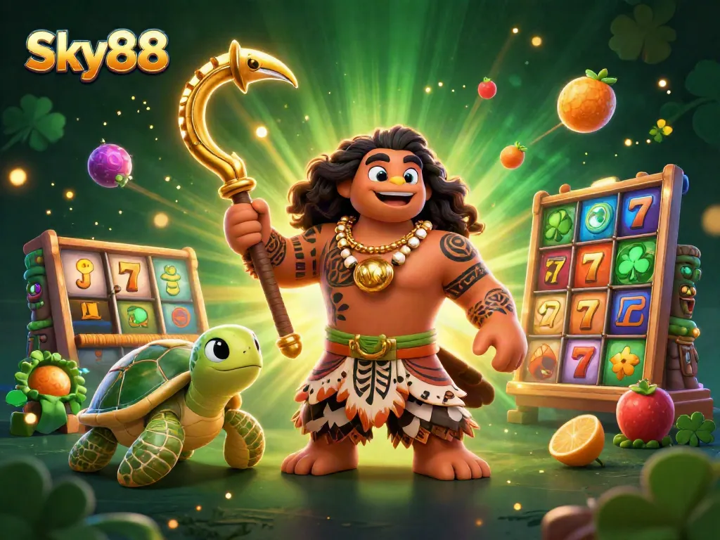 Engage in thrilling gameplay with Sky88 featuring a vibrant 3D illustration of classic slot symbols.
