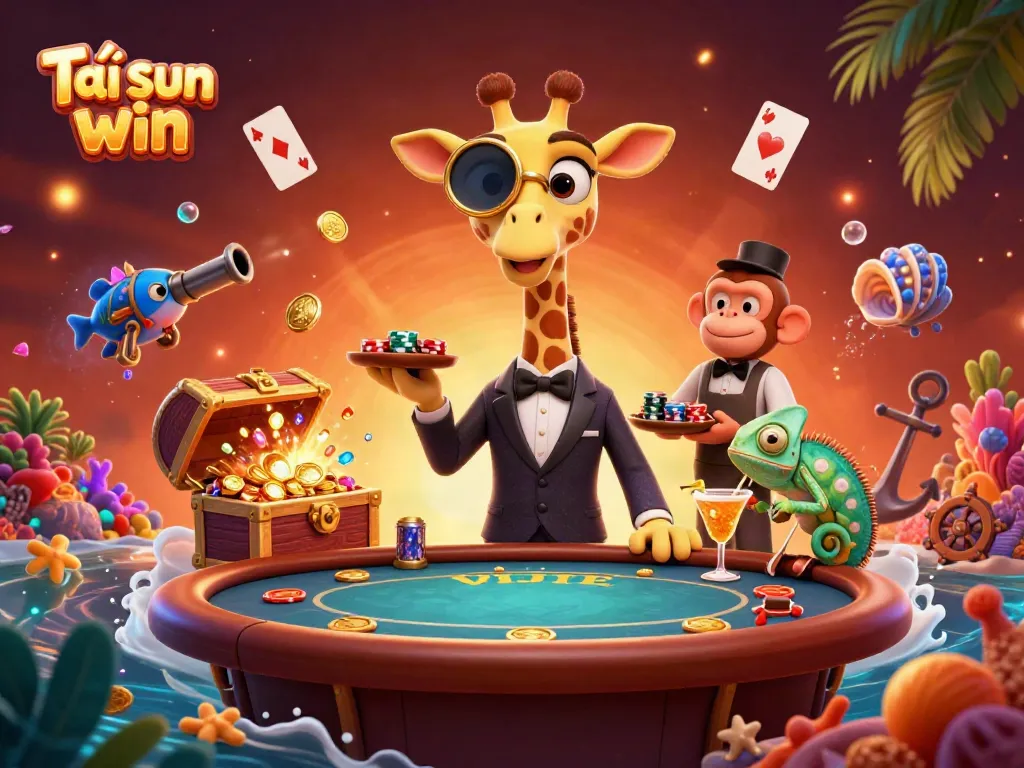 Join the excitement and Tải sun win with a vibrant 3D casino illustration of a giraffe, monkey, and chameleon.