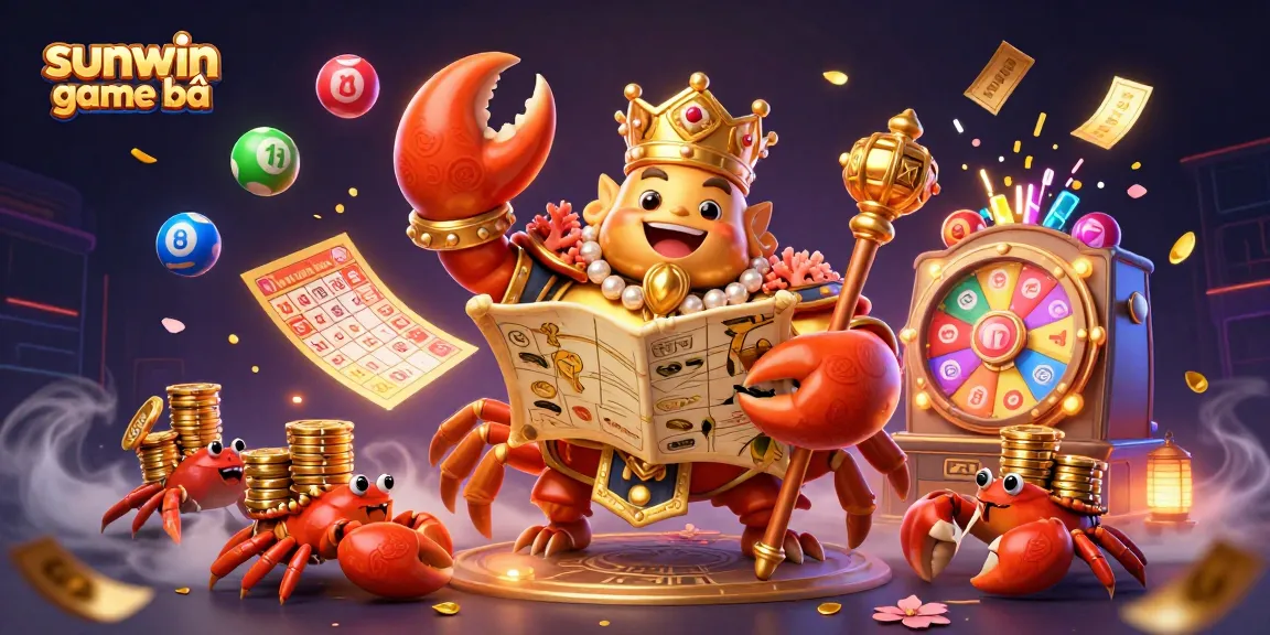 Experience the excitement of sunwin game bài with vibrant lottery balls, a golden crab emperor, and dynamic casino elements.