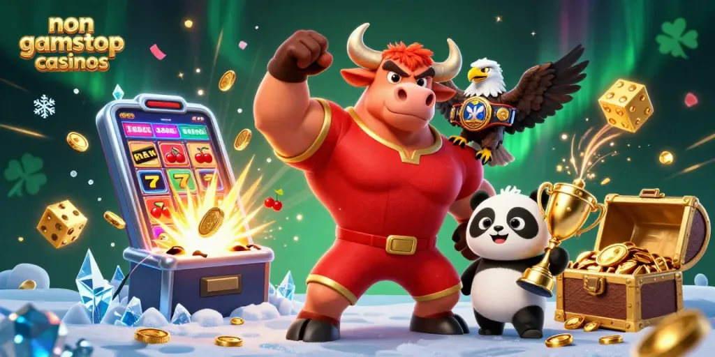 Engage with non gamstop casinos through vibrant 3D casino action and lively characters celebrating a jackpot.