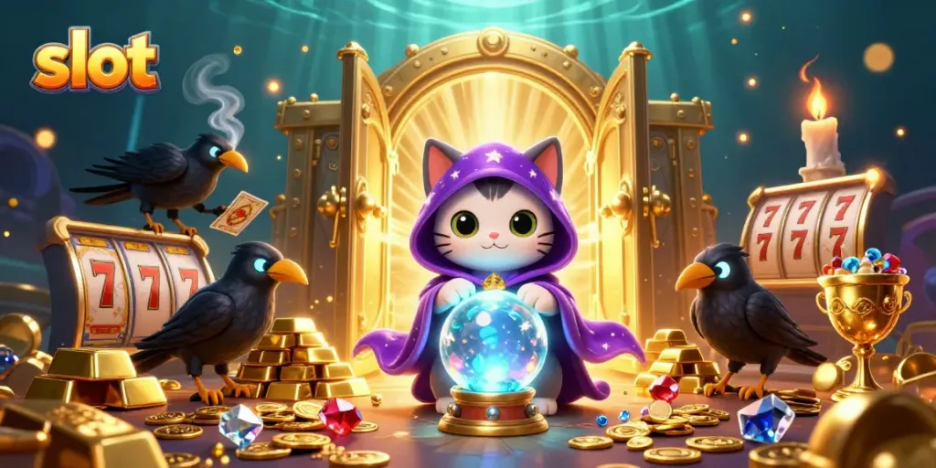 Spin lucky slot machines in a mystical treasure vault filled with gold and jewels.