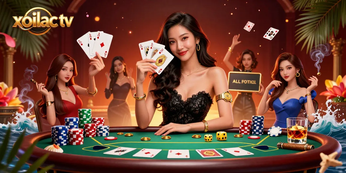 Xoilac TV offers an immersive casino experience with a stylish dealer showcasing poker excitement.