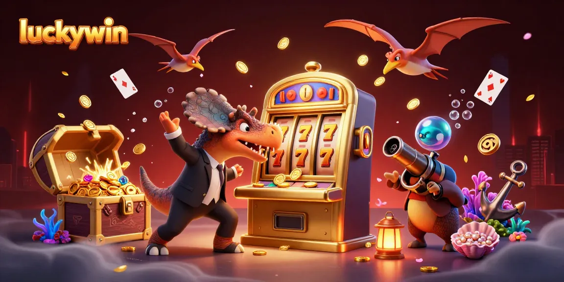 Experience thrilling wins with luckywin as a pachycephalosaurus triggers a golden slot machine jackpot in a lively casino scene.