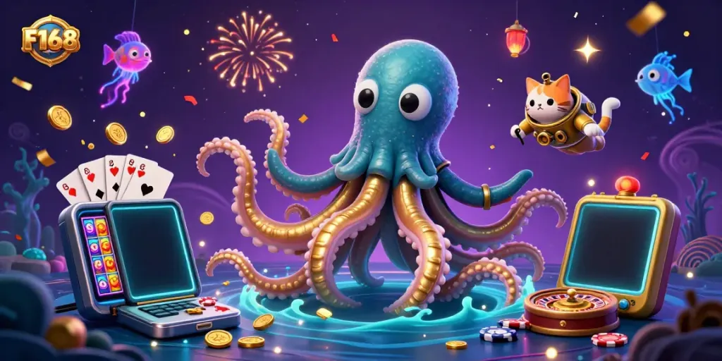 Play exciting games at F168 with a colossal kraken and golden prizes in a vibrant casino scene.