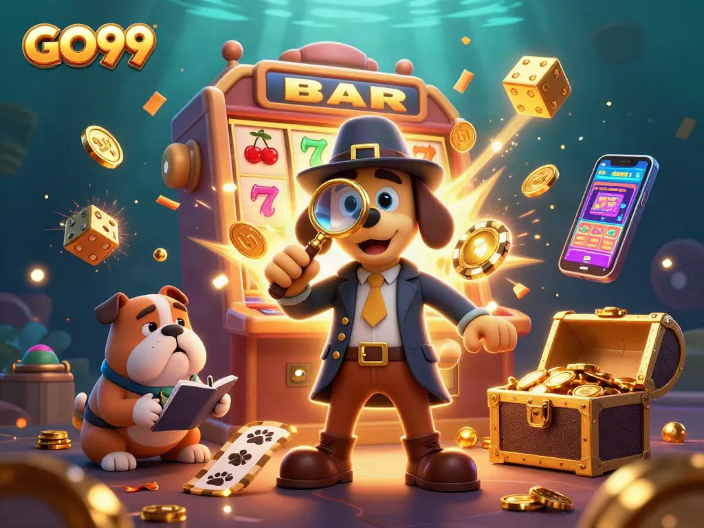 Join the excitement at GO99 with a playful detective uncovering casino treasures amid vibrant gaming elements.