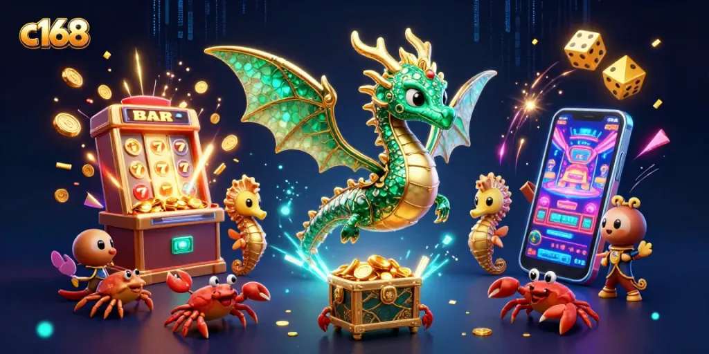 Engage with vibrant c168 slot games featuring a dazzling sea dragon and dynamic casino elements.