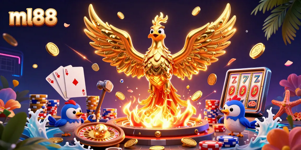 Experience ml88 with a dynamic scene of a molten gold phoenix and casino elements.