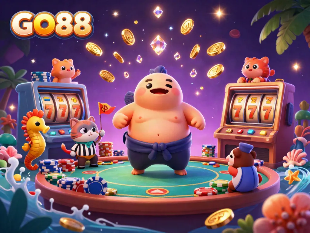 Engage in GO88’s vibrant underwater casino scene, featuring a whimsical fugu, catfish referee, and energetic gameplay.