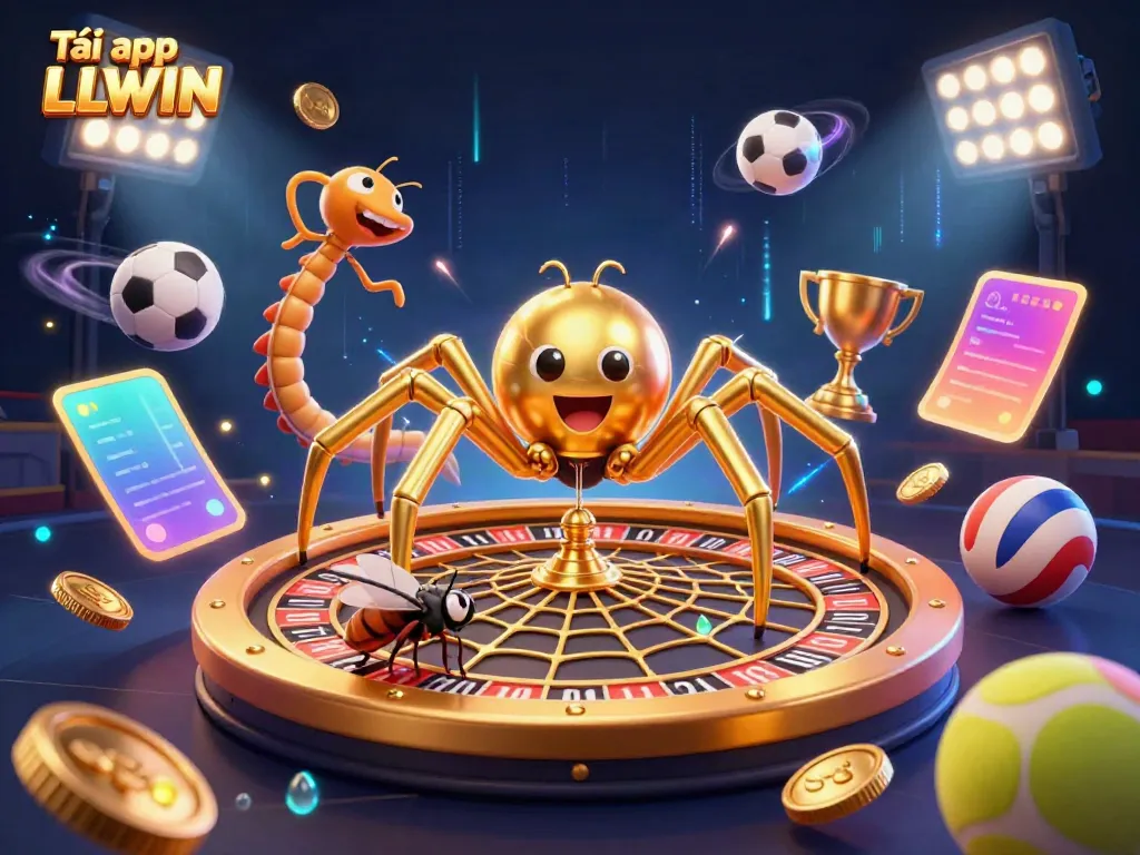 Engage with Tải app LLWIN in the vibrant world of gambling illustrated through a dynamic cartoon scene with colorful characters.