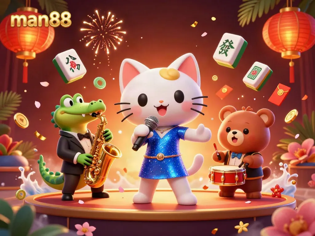 Experience thrilling casino moments with man88's vibrant 3D jazz characters and festive elements.