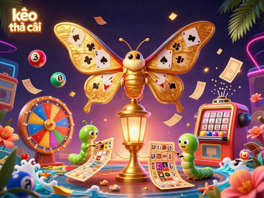 Engage with kèo nhà cái through this illustrated casino scene featuring a mesmerizing atlas moth and vibrant lottery elements.