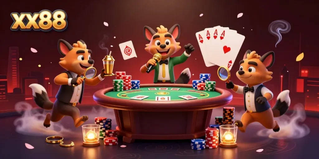 Experience the excitement of xx88 with hyenas in a comedy casino club scene filled with poker elements and vibrant details.