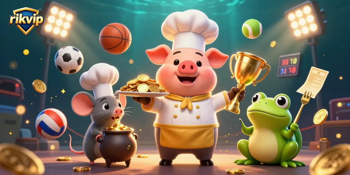 Betting with rikvip: Fantasy illustration of a chef pig presenting gold coins in a vibrant casino scene.
