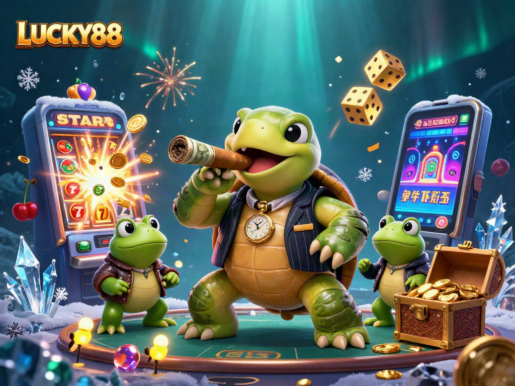 Engage with the LUCKY88 slot experience featuring a snapping turtle and casino elements.