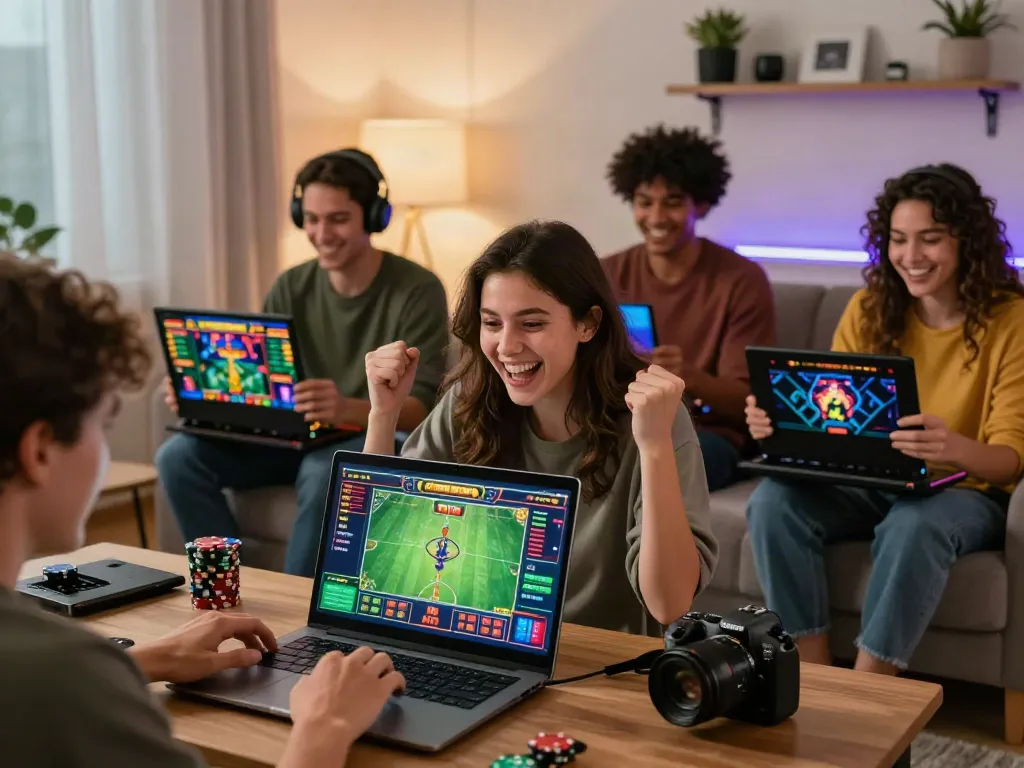 Engaging scene from https://vin88.team/ showcasing players enjoying online sports betting and casino games in a modern living room setting.