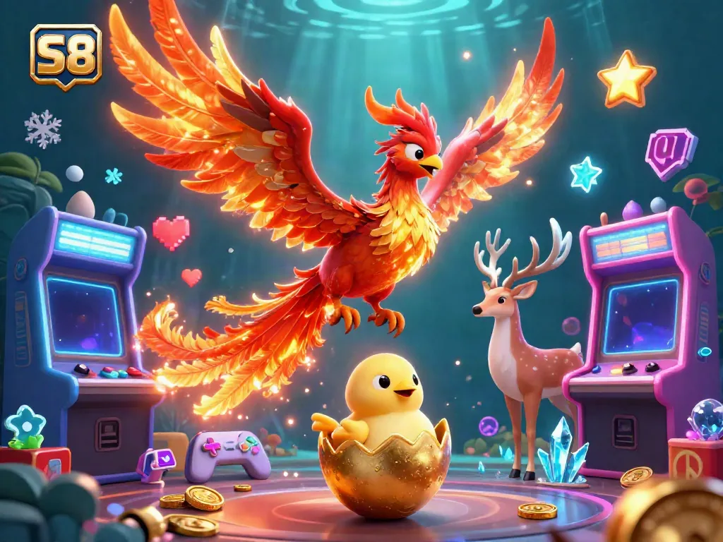 S8: Animated scene with phoenix and stag immersed in colorful casino-themed arcade magic.