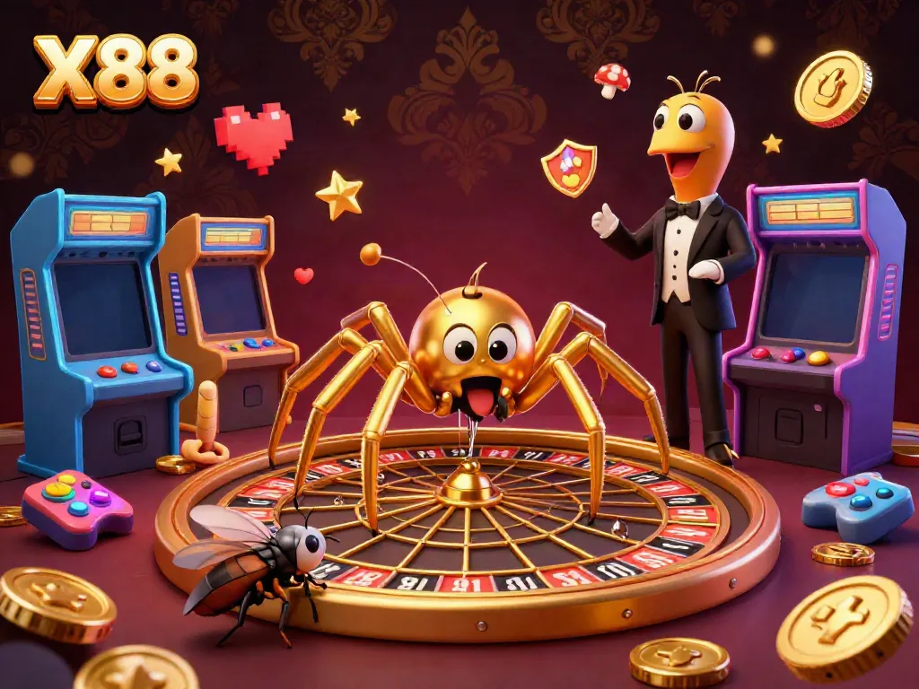 Experience X88 excitement with vibrant casino gaming in a colorful 3D illustration.