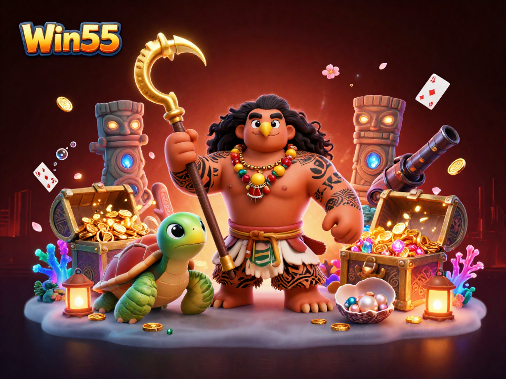Win55 players enjoy a vibrant casino world with treasures, games, and mythical characters.