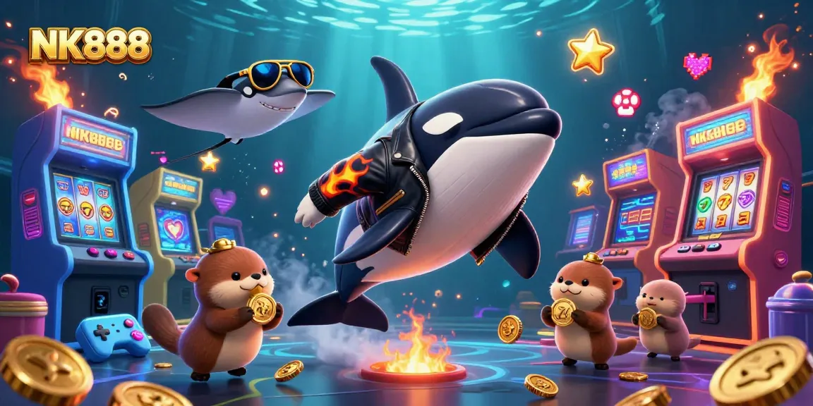 Track your winnings with NK888, featuring vibrant characters in a dynamic casino scene.