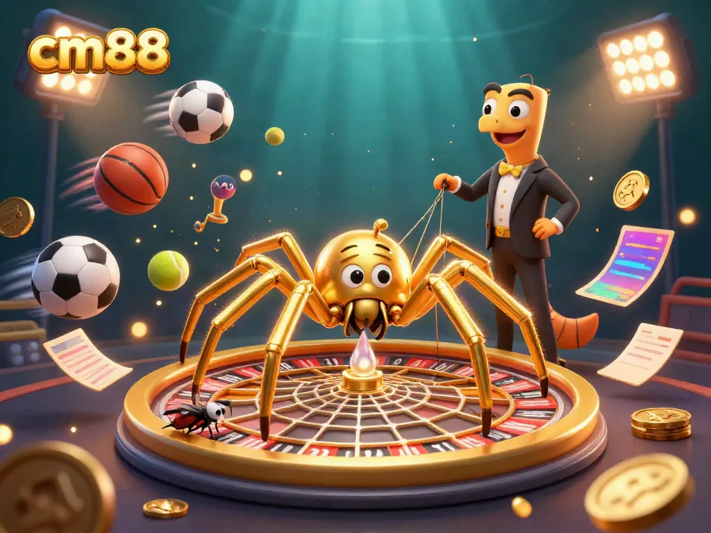 Experience the thrill of betting at cm88 with a whimsical 3D scene featuring a spider as a dealer.