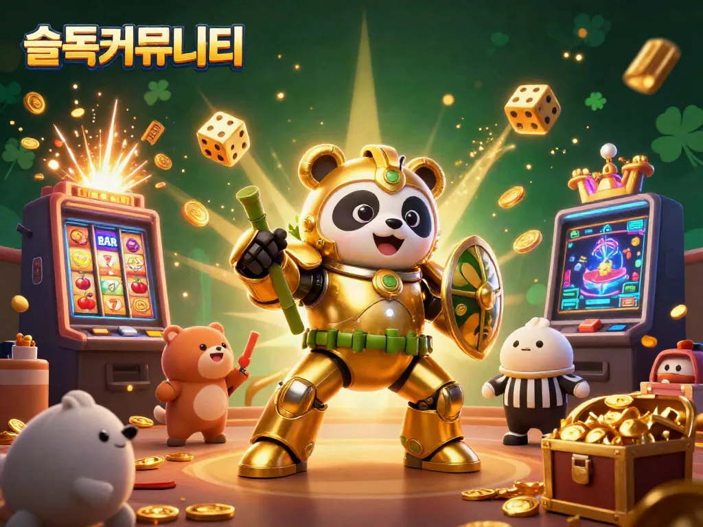 Experience the fun at 슬롯커뮤니티 with the golden panda mech piloting a thrilling slot arena.