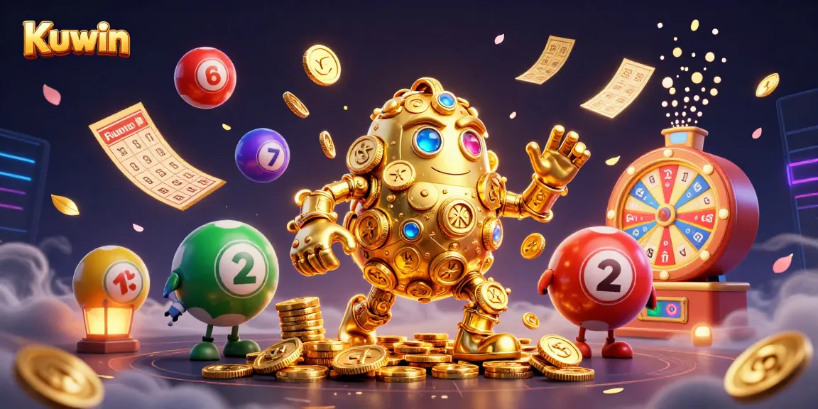 Kuwin's golden golem spins lottery balls and golden tickets among vibrant casino elements.