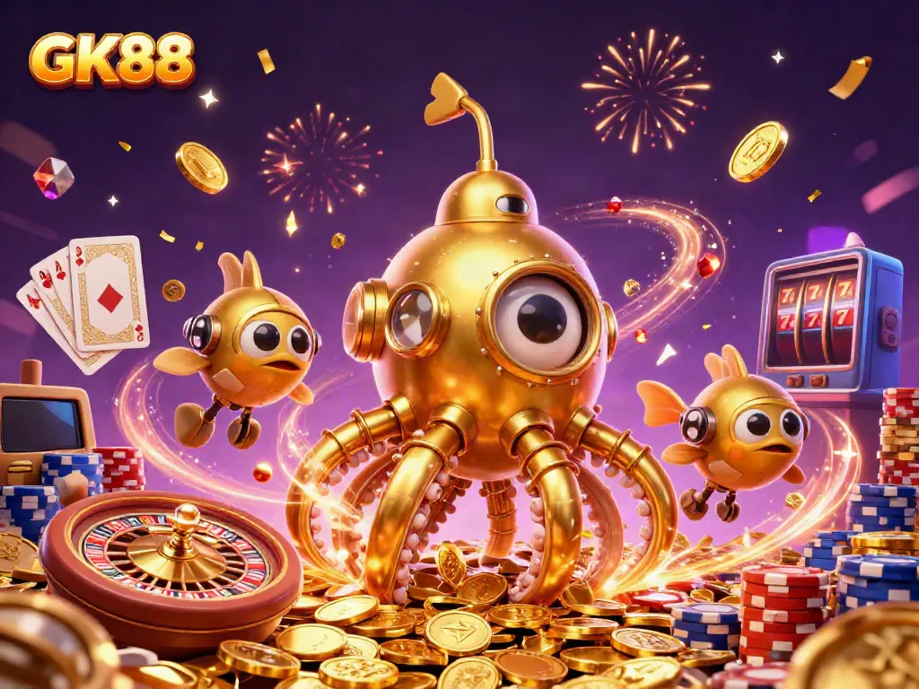 Join the GK88 party as the kraken submarine surfaces amidst golden coins and gambling excitement!