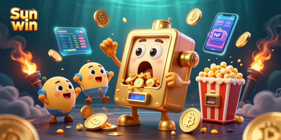 Sun win slot machine hitting a jackpot surrounded by cheering baby machines and luminous crypto coins.