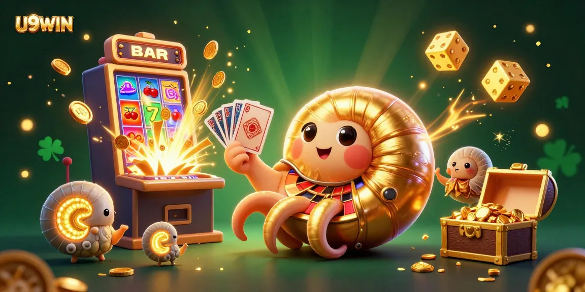 U9WIN showcases thrilling casino action with giant nautilus, cards, and jackpot explosion.