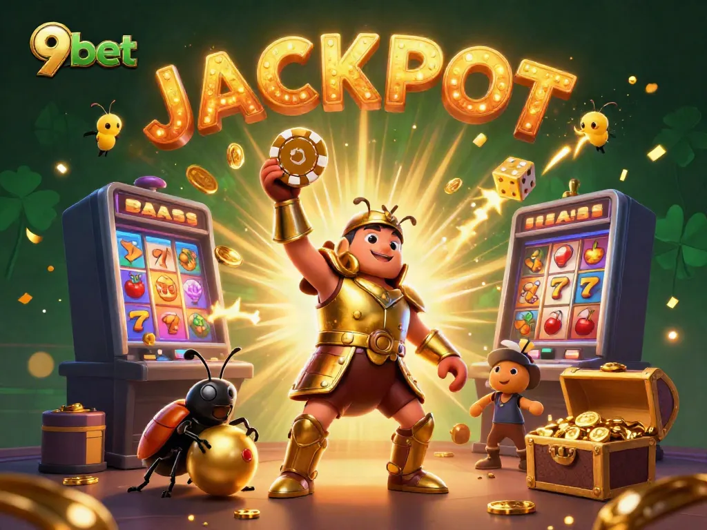 Experience the excitement of 9bet with 3D characters celebrating a jackpot in a vibrant casino atmosphere.