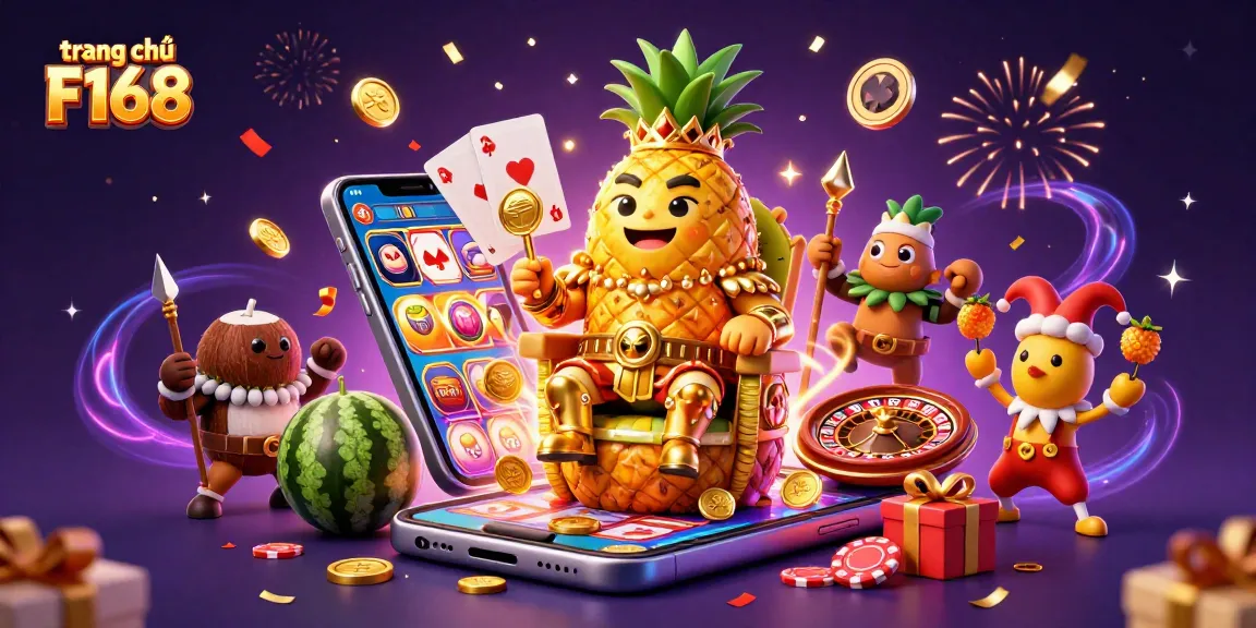 Engage in exciting gambling action at trang chủ F168 with a vibrant 3D casino illustration filled with games and treasures.