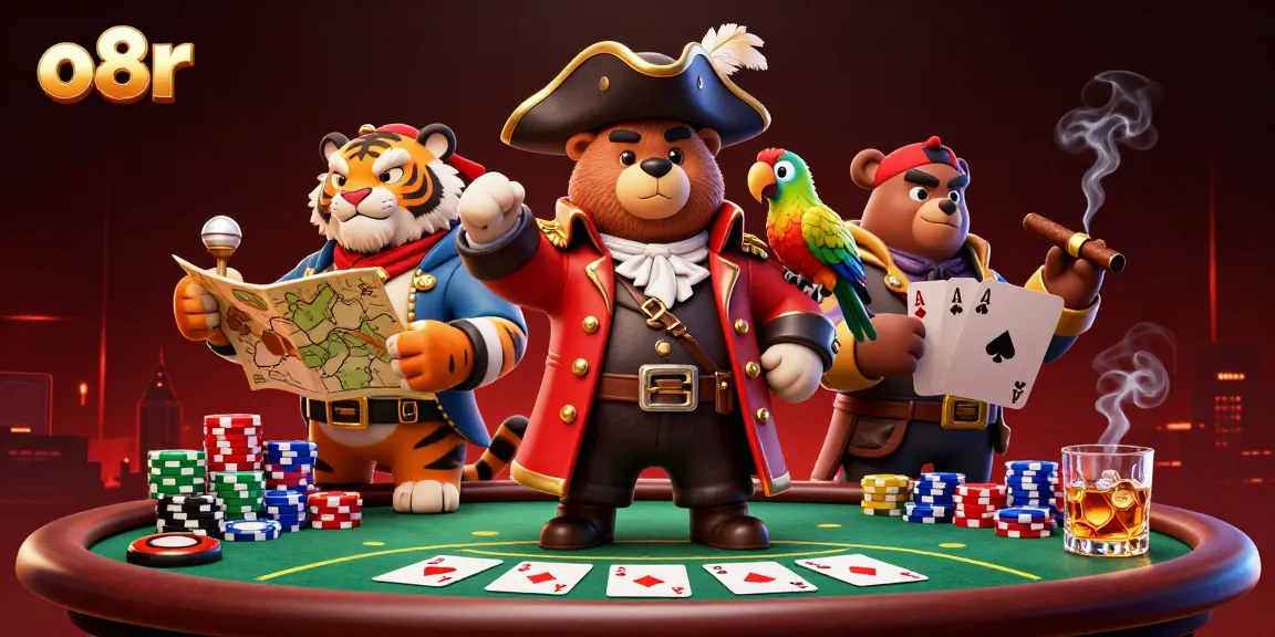 Experience thrilling poker action with o8r featuring a pirate captain, tiger, and treasure elements.