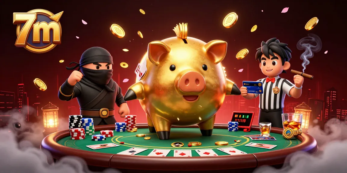 Engage in thrilling sports betting action with 7m's dynamic characters in a vibrant casino illustration.