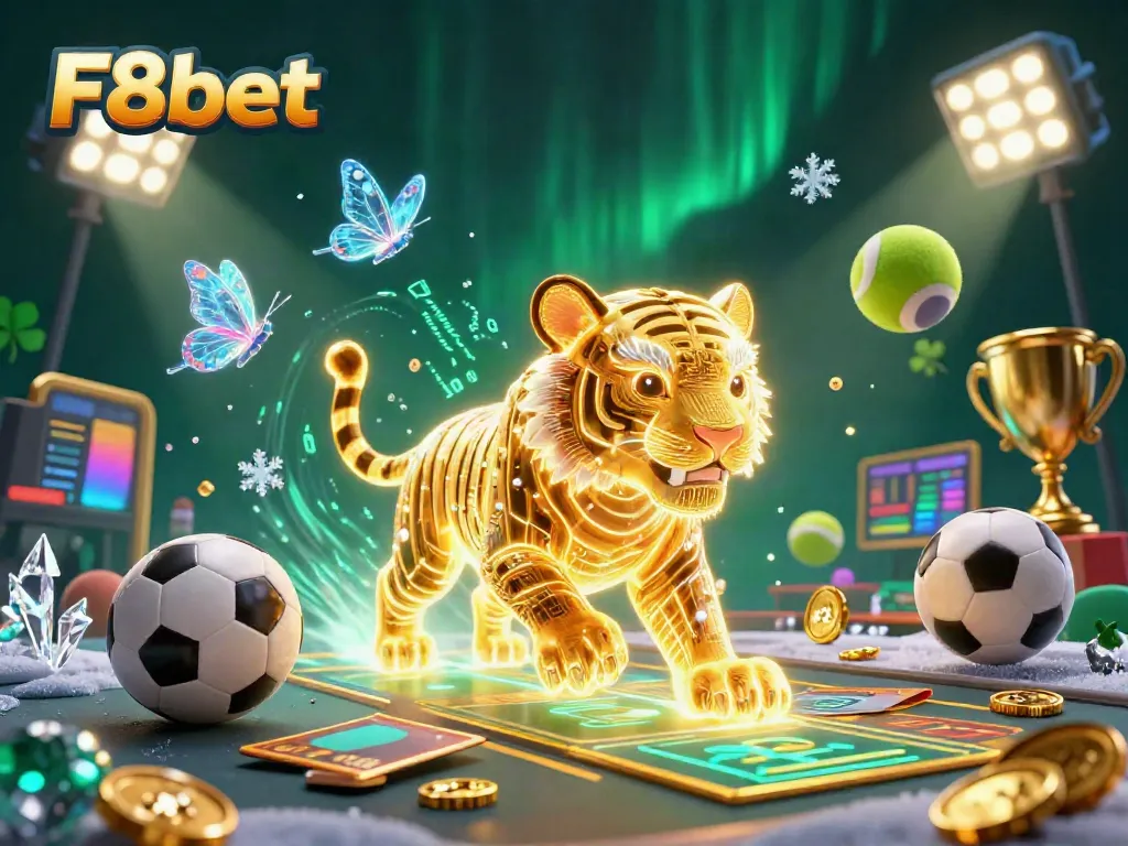 Experience thrilling gaming action in F8bet's vibrant digital casino with a neon-wireframe tiger.