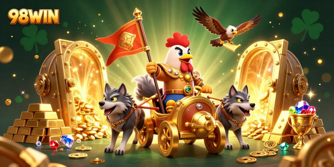 Experience thrilling wins at 98WIN with a vibrant 3D gambling scene filled with treasures.
