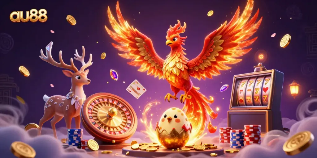 Engage with the thrilling ambiance of au88 as the fiery phoenix leads a vibrant casino scene filled with treasures and luck.