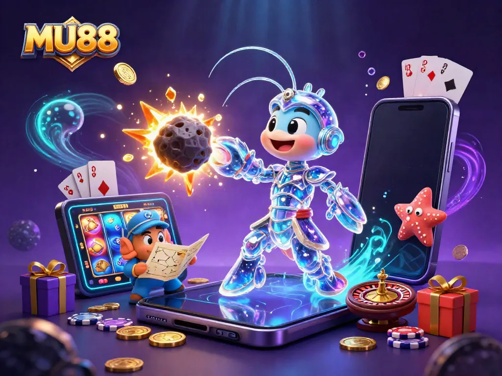 Spin the reels with MU88 as a galactic samurai battles golden gems in this dynamic casino scene.