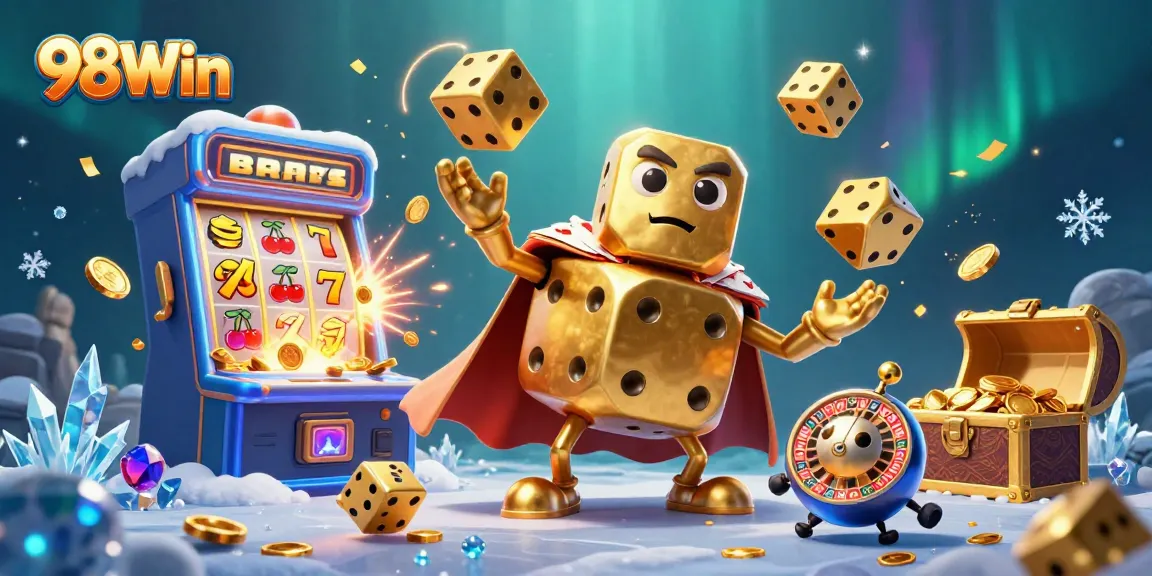 Engage in winning strategies with 98Win's thrilling 3D casino illustration showcasing exciting games and jackpots.