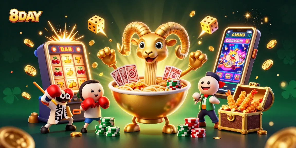8DAY features an engaging 3D scene with dynamic casino action showing a golden ramen bowl dealing cards amidst casino excitement.