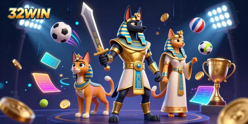 Experience thrilling sports betting at 32WIN with Anubis and Bastet amidst dynamic casino action.